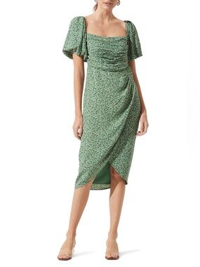 Astr The Label Square Neck Bubble Sleeve Dress in Green Floral